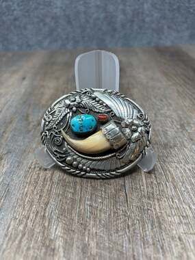 S.S.I. Handcrafted USA Southwestern Style Bear Claw Belt Buckle Turquoise& Coral